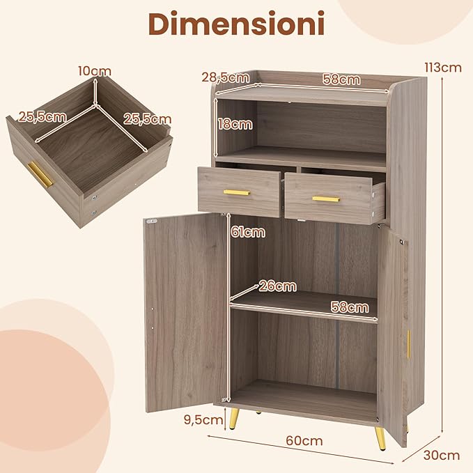 Mobiletto Bagno Salvaspazio 60 x 30 x 113 cm, Credenza Soggiorno con Ante, 2 Cassetti e Ripiano Regolabile, Armadietto da Cucina per Sala da Pranzo e Lavanderia (Grigio)