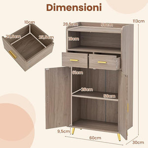 Mobiletto Bagno Salvaspazio 60 x 30 x 113 cm, Credenza Soggiorno con Ante, 2 Cassetti e Ripiano Regolabile, Armadietto da Cucina per Sala da Pranzo e Lavanderia (Grigio)