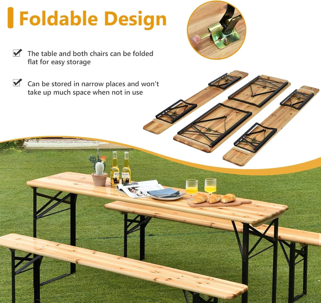 Tavolo da campeggio con sedie, pieghevole, con 1 tavolo da birra e 2 panche, tavolo da picnic pieghevole e salvaspazio, set da giardino, 176 x 46 x 76 cm, portatile per esterni, campeggio