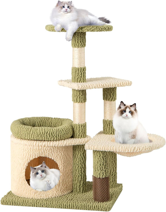 Tiragraffi per Gatto Alto 100 cm, Albero Tiragraffi Gatto con 3 Pali in Sisal, 4 Piattaforme e Grotta, Cuccia Albero Gatto Rivestito in Peluche, Verde e Bianco