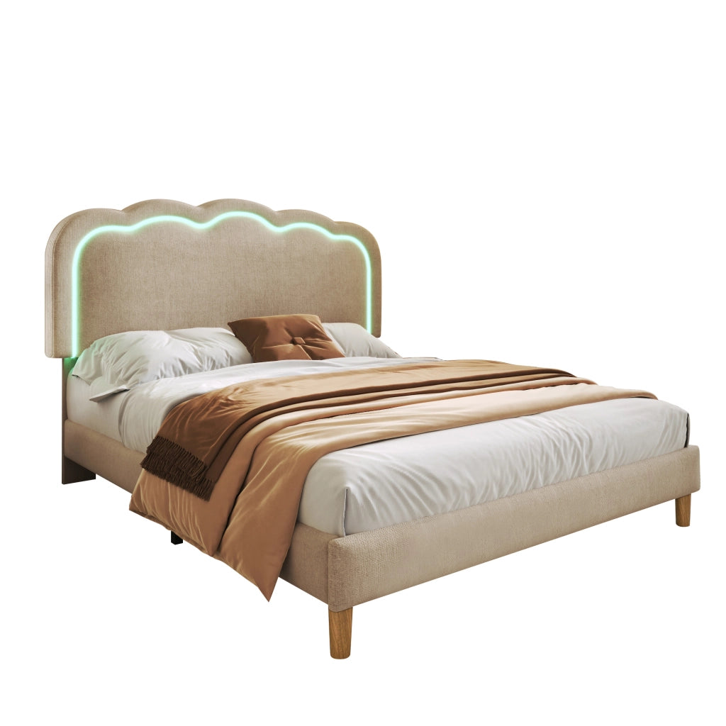 Letto imbottito LED matrimoniale 140x200 cm con testiera regolabile, beige