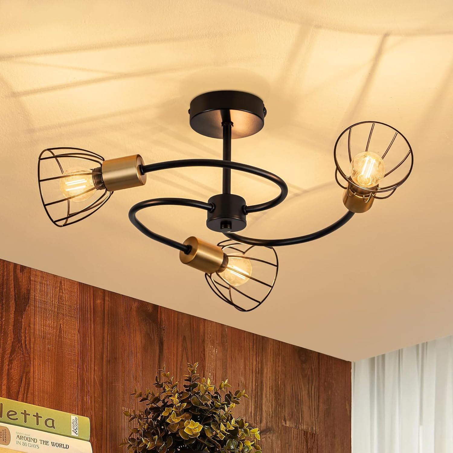 ZMH Lampada da soffitto vintage nera 3 luci E14 metallo per soggiorno cucina