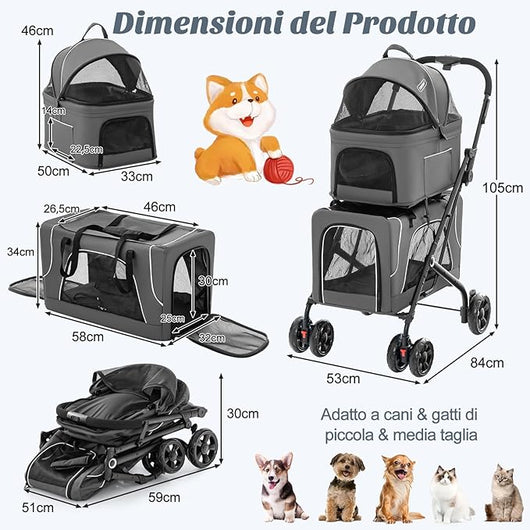 Passeggino per Cani a 2 Posti 3 in 1, Carrozzina per Animali con 2 Trasportini Rimovibili e Cintura di Sicurezza, Carrello per Animali di Piccola o Media Taglia (Grigio)