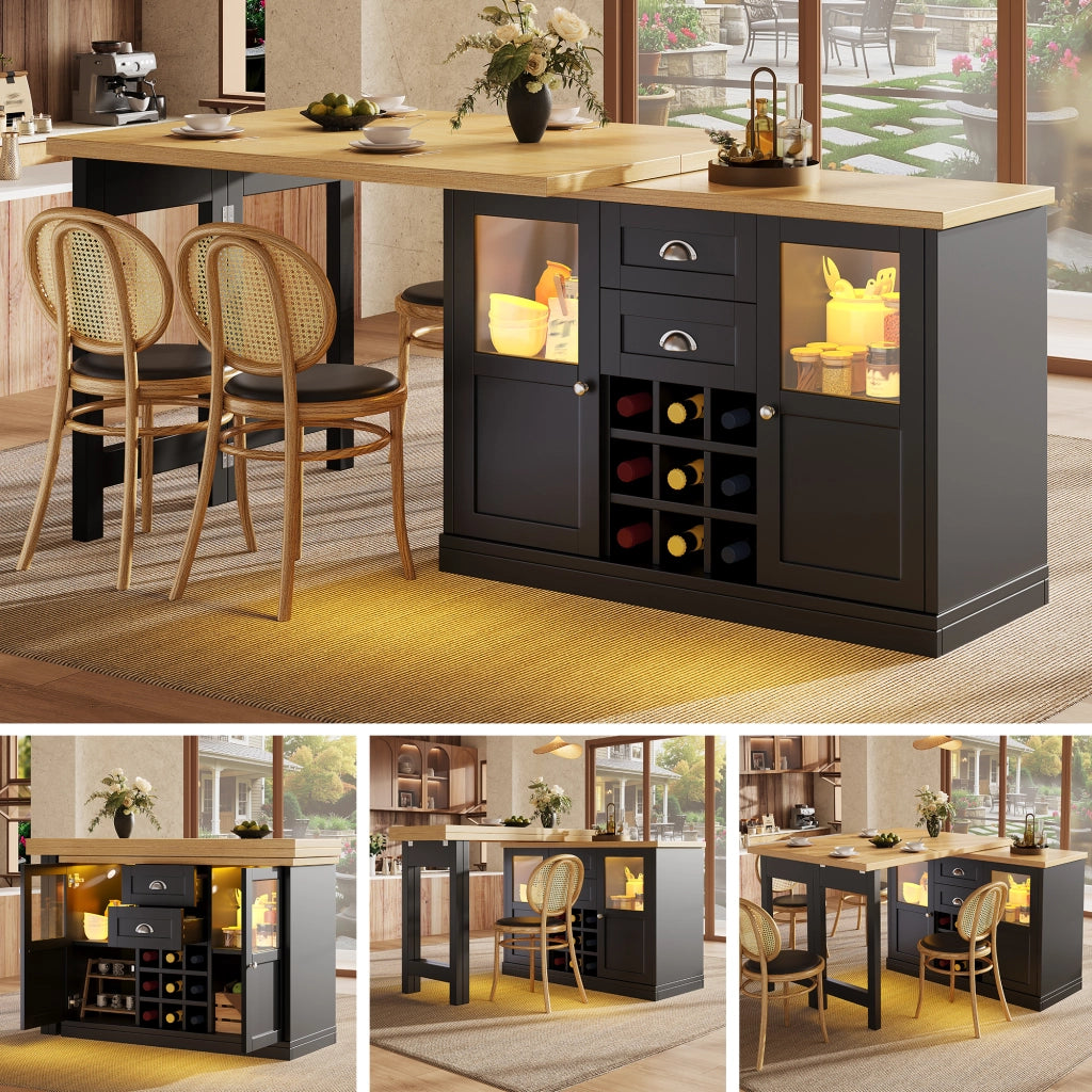 TAVOLO Allungabile Girevole 360° 120-197 cm MDF Nero con spazio contenitore