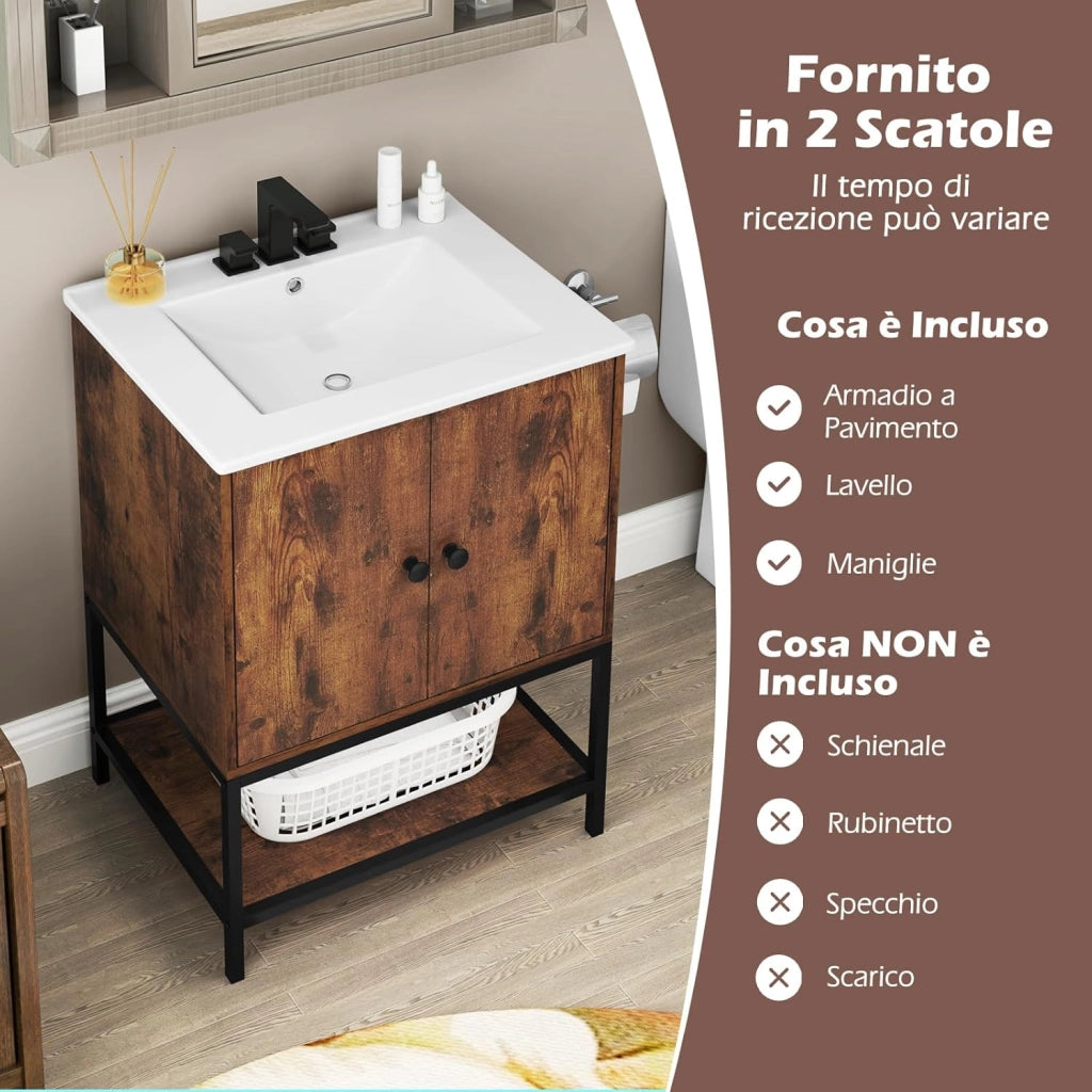 Mobile da Bagno in Legno, Mobiletto con 2 Ante e Mensola Aperta, Mobile da Bagno a Terra Stile Vintage con Lavandino in Ceramica, 61 x 46,5 x 87 cm, Marrone Rustico