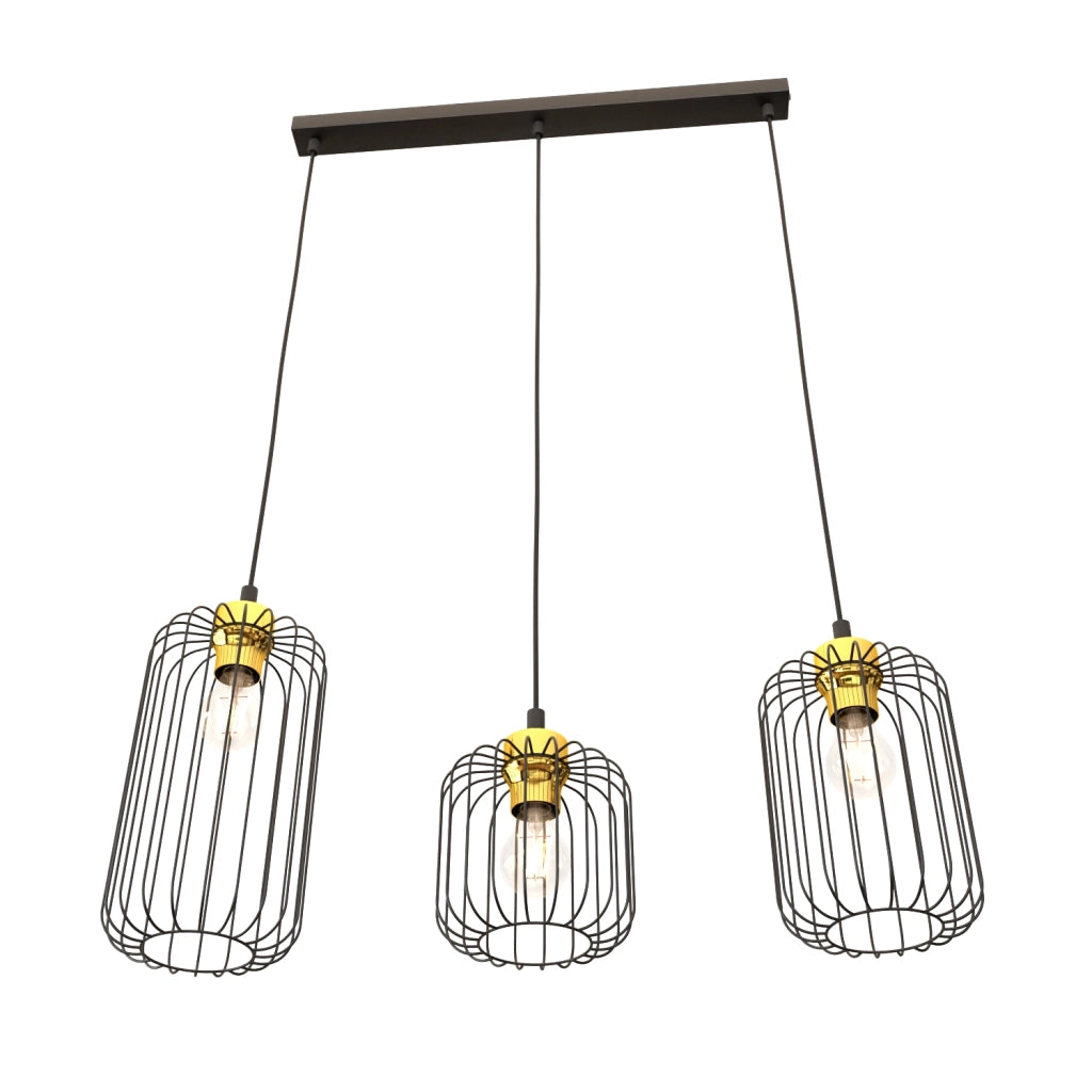 Sospensione Minimal Industrial Donar 3 Luci Lineari Nera E Oro