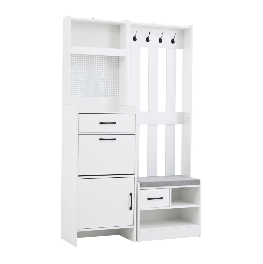 Garderoba da ingresso 7 in 1 110x35x175;5 cm con scarpiera; 2 cassetti e 4 ganci; bianco
