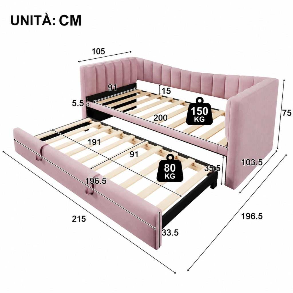 Letto imbottito con letto estraibile; 90 x 200 cm estensibile a 180 x 200 cm; velluto e MDF; bianco