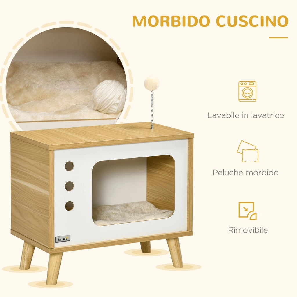CASETTA PER GATTI IN TRUCIOLATO A FORMA DI TELEVISORE CON CUSCINO E PALLINA GIOCATTOLO, 50X28X43 CM