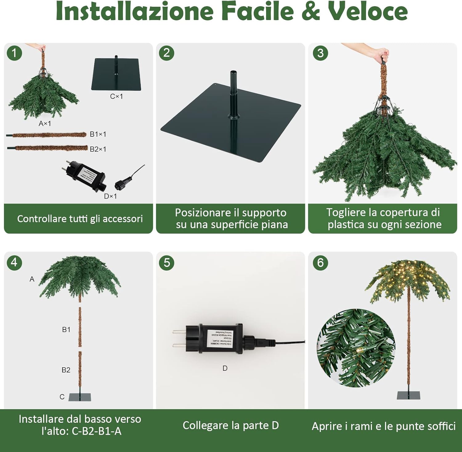 Albero di Natale da 180 cm, Albero di Natale con Luci e a Forma di Palma, con 250 Luci LED Bianco Caldo, 813 Rami, Struttura a Cerniera e Supporto, Ideale per Casa e Negozio