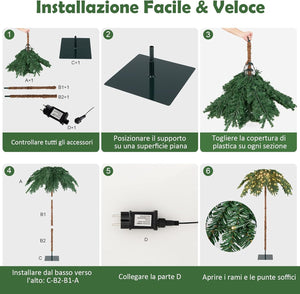 Albero di Natale da 180 cm, Albero di Natale con Luci e a Forma di Palma, con 250 Luci LED Bianco Caldo, 813 Rami, Struttura a Cerniera e Supporto, Ideale per Casa e Negozio