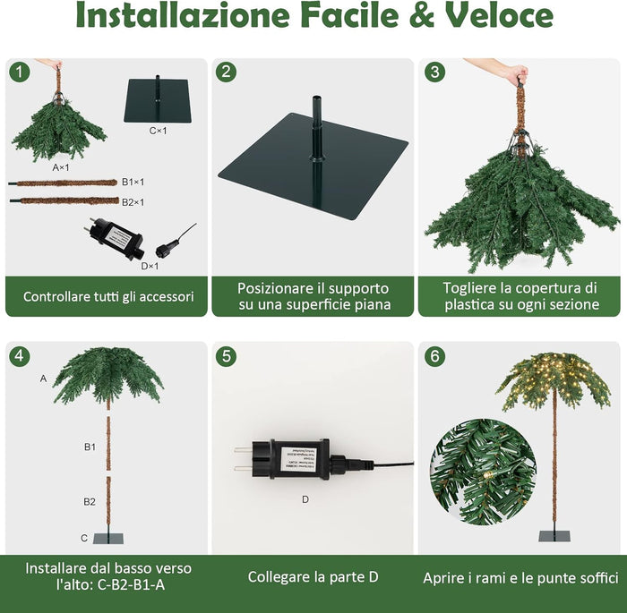 Albero di Natale da 180 cm, Albero di Natale con Luci e a Forma di Palma, con 250 Luci LED Bianco Caldo, 813 Rami, Struttura a Cerniera e Supporto, Ideale per Casa e Negozio