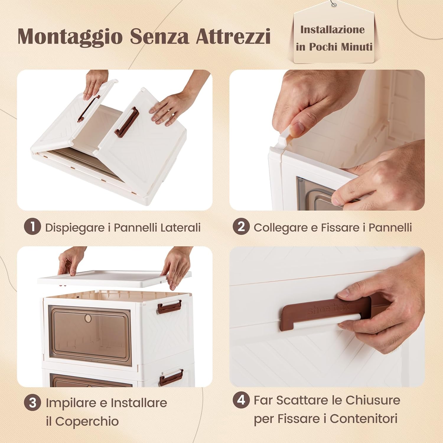 Set da 3 Contenitori Impilabili, Scatole Pieghevoli da 75/105 L con Ruote Bloccabili Porta e Coperchio, Organizzatori per Armadio, Multiuso per Casa Dormitorio (48 x 34 x 82 cm)