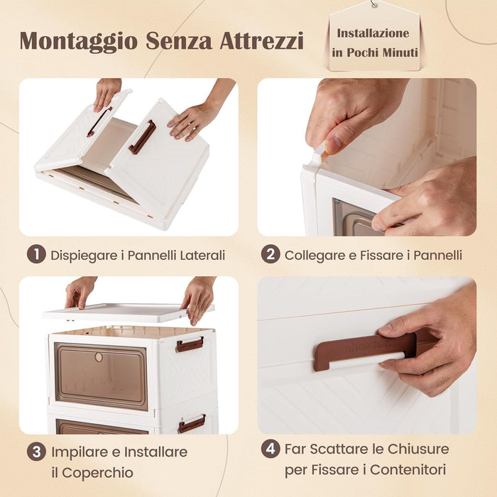 Set da 3 Contenitori Impilabili, Scatole Pieghevoli da 75/105 L con Ruote Bloccabili Porta e Coperchio, Organizzatori per Armadio, Multiuso per Casa Dormitorio (48 x 34 x 82 cm)