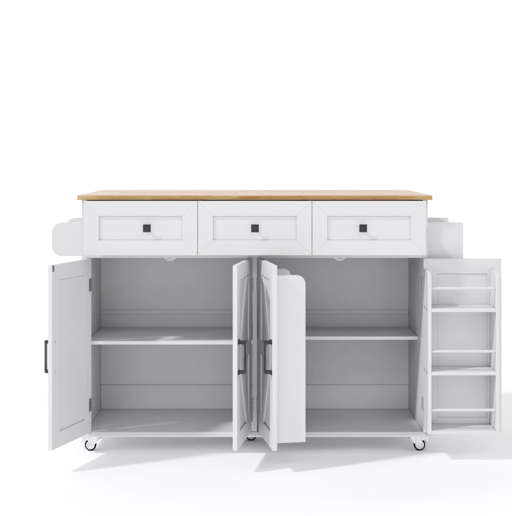 Isola da cucina 140x43(70)x90.5 cm con piano pieghevole; 4 ante e 3 cassetti in MDF bianco e naturale