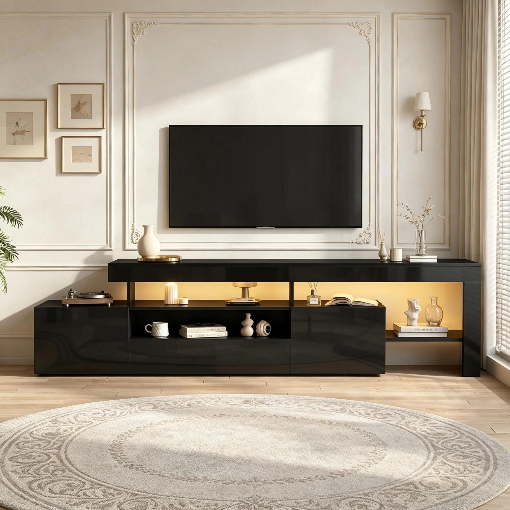 Mobile TV con 3 ante a ribalta; ripiani aperti e LED; per soggiorno; in truciolare nero; 192 × 37 × 53 cm