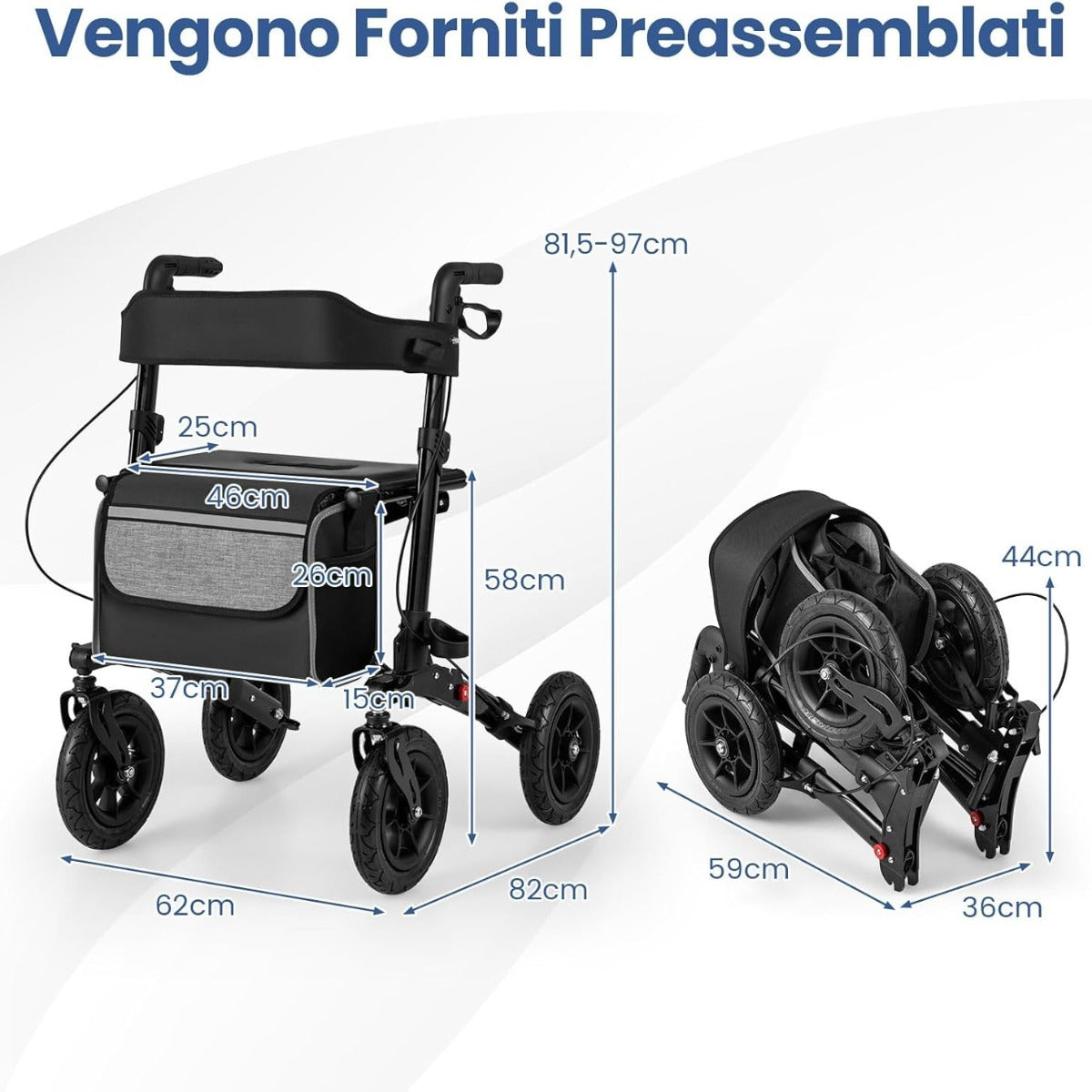 Deambulatore pieghevole con pneumatici per tutti i terreni per anziani, Deambulatore pieghevole e struttura leggera Nero-Salute e bellezza