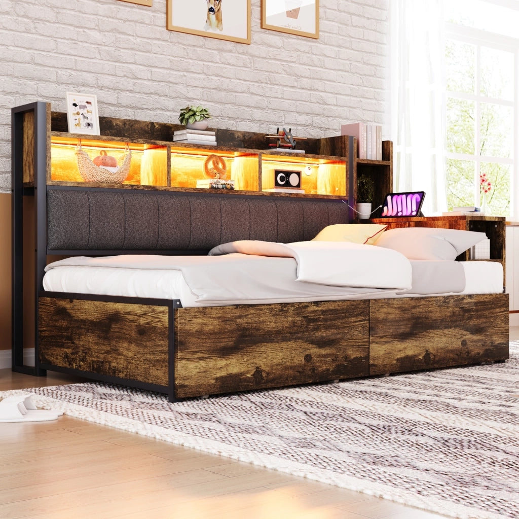 Letto singolo 90x200 cm multifunzione con scrivania estraibile, prese e cassetti