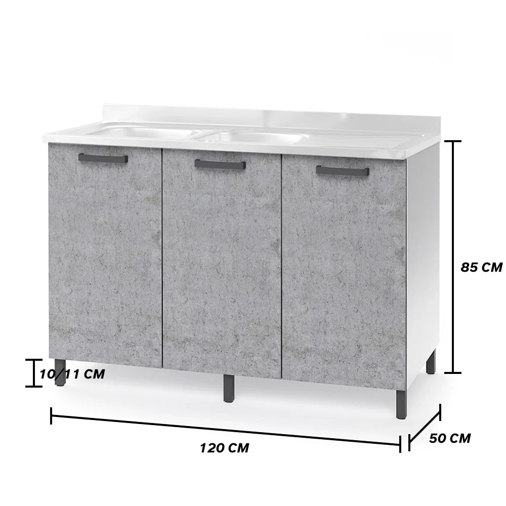 Sottolavello per cucina componibile da 120 cm con tre ante, con Lavello Vasca a Destra + Gocciolatoio, realizzata in legno 100% MADE IN ITALY colore Cemento