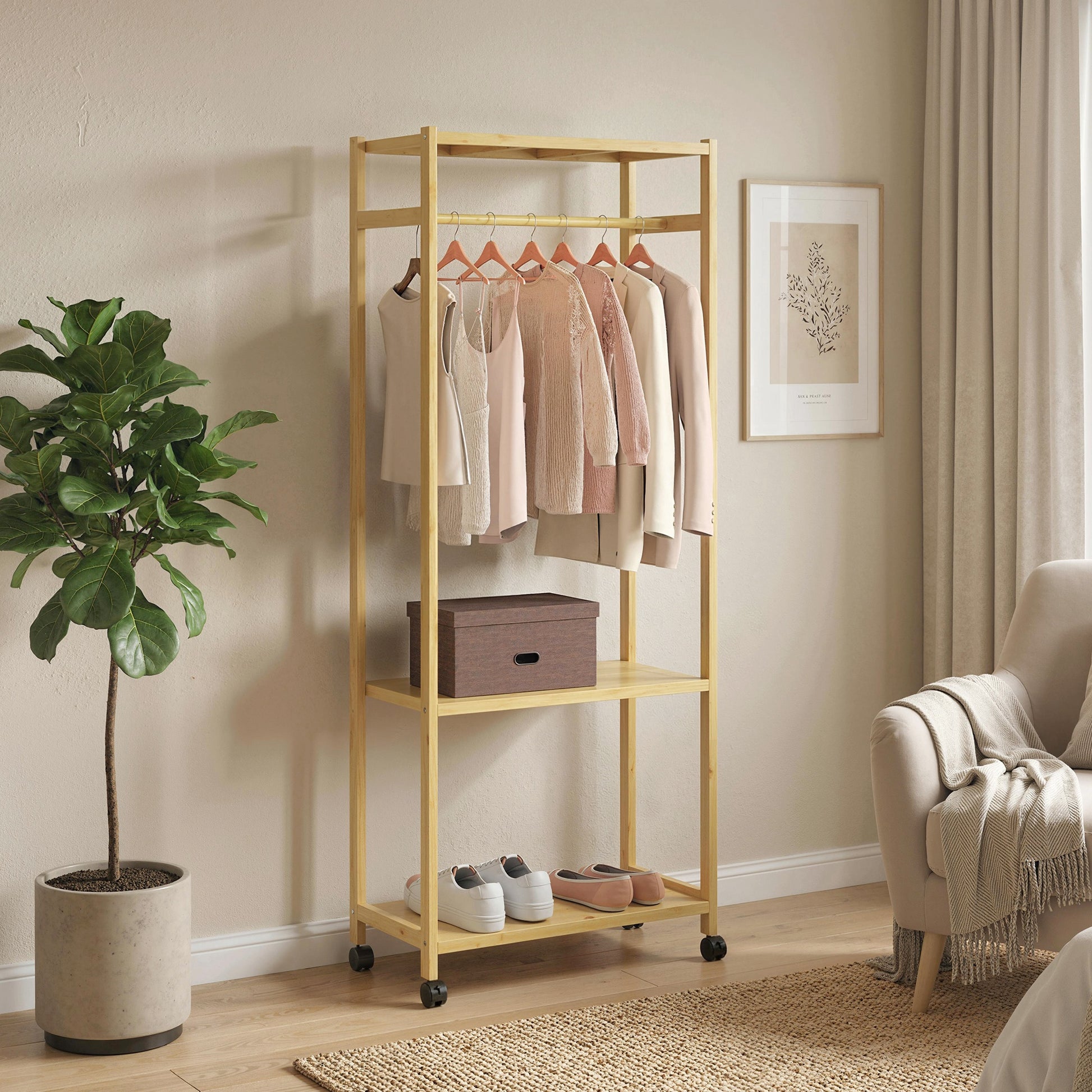 Stand Appendiabiti da Terra 70x35x175 cm con Barra Ripiani e 4 Ruote in Bambù Legno Naturale