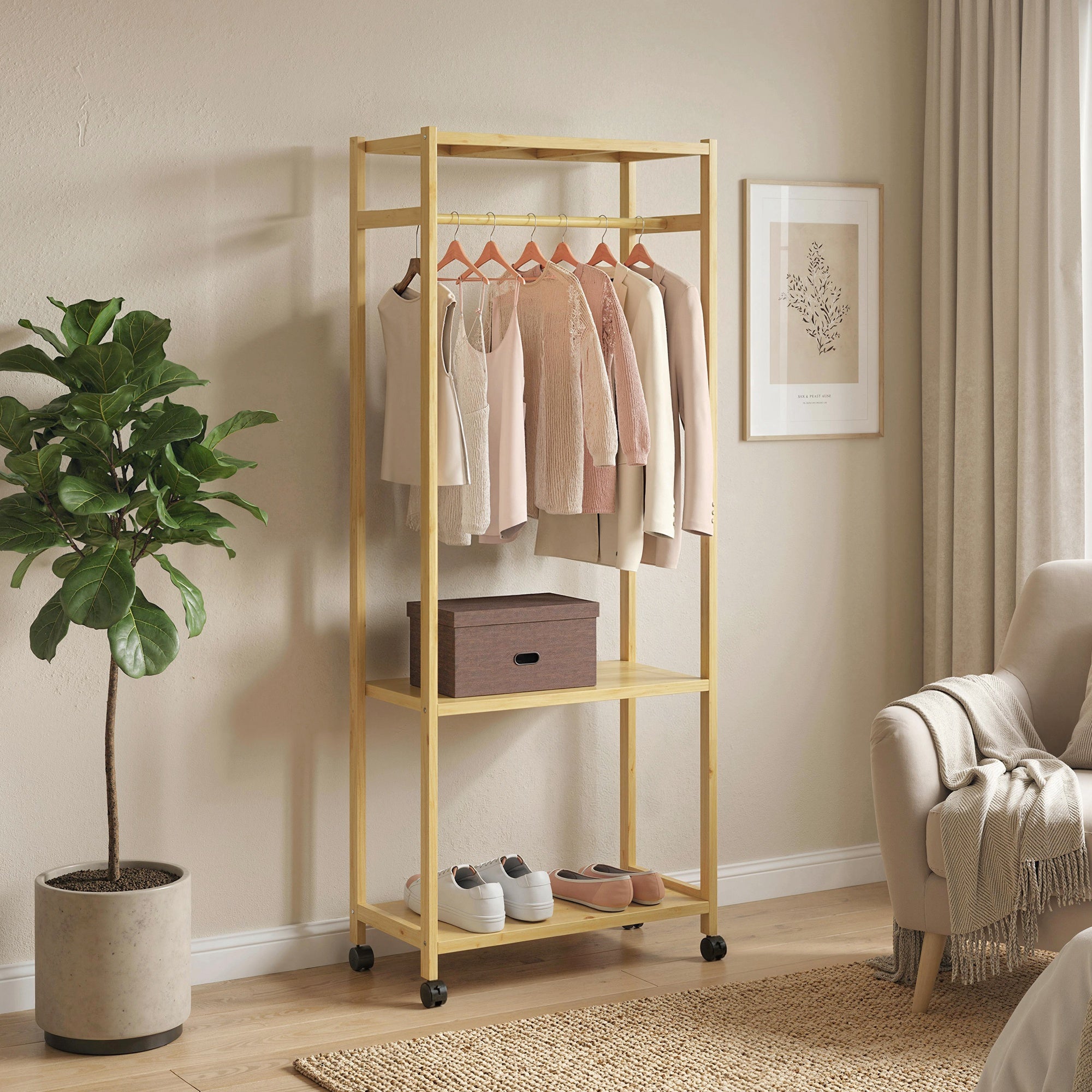 Stand Appendiabiti da Terra 70x35x175 cm con Barra Ripiani e 4 Ruote in Bambù Legno Naturale