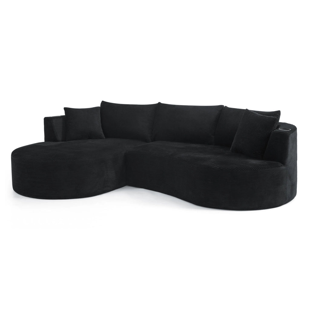 Divano a 3 posti dal design curvo in tessuto corduroy nero; con portabicchieri e cuscini