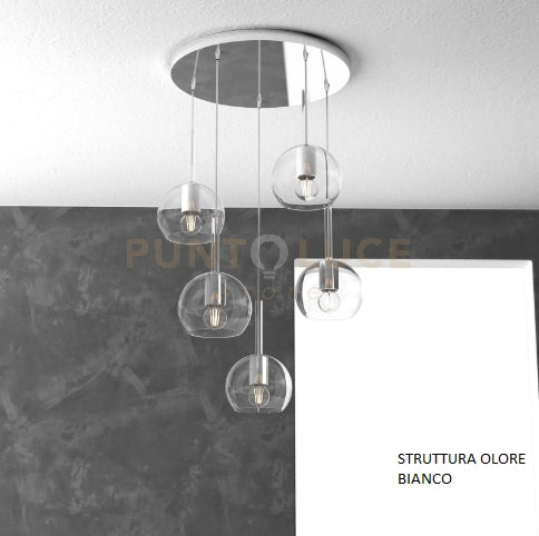 SOSP. BIANCO TONDA 5 LUCI VETRI TUTTI PICCOLO TRASPARENTE 1155BI-S5 TP-TR