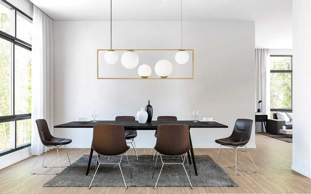 BUBLE LAMPADARIO A SOSPENSIONE 5 SFERE OPALINO STRUTTURA ORO SPAZZOLATO E BRONZO ATTACCO E27