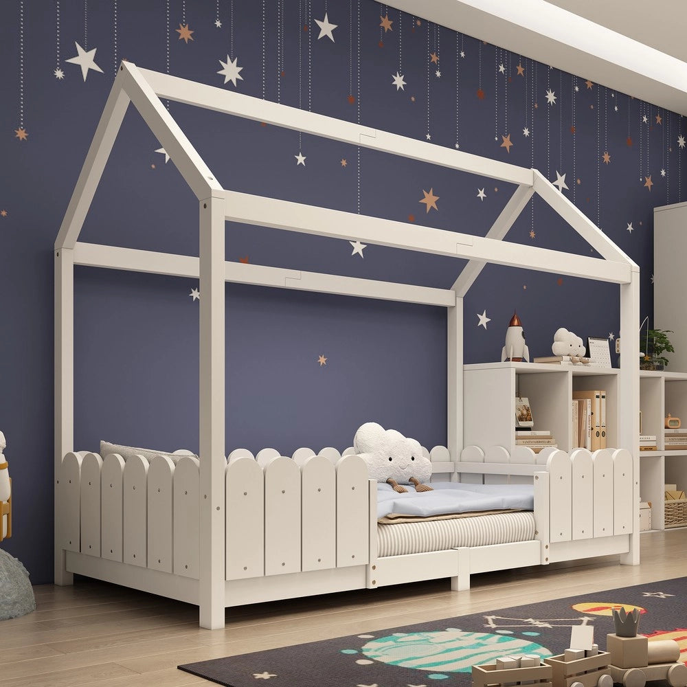Letto Casa per Bambini 90x200 ¨C MINIMAL ¨C Legno Bianco con Rete a Doghe e Sponda