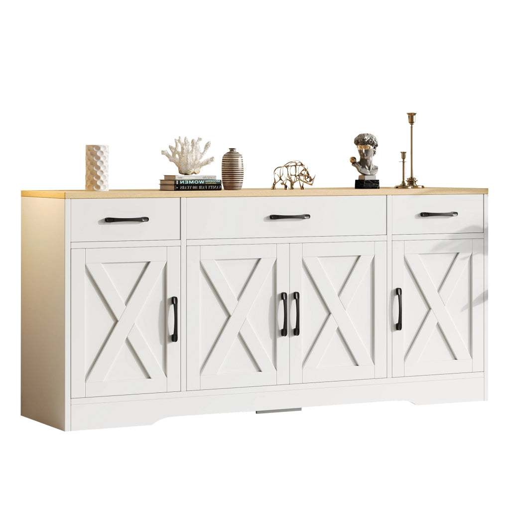 Credenza moderna bianca in MDF con 3 cassetti e 4 ante, 160 x 37 x 75 cm