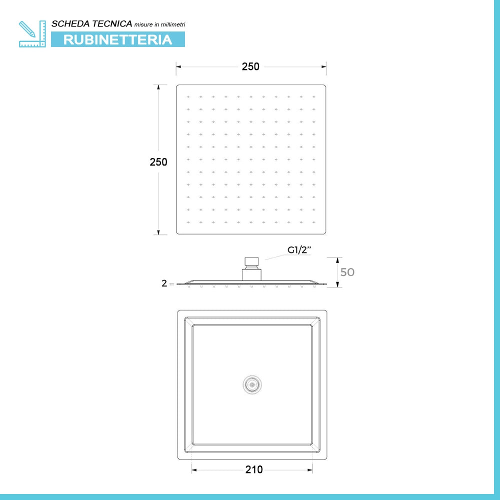 Set doccia in ottone con braccio verticale e soffione quadrato 25 x 25 cm cromo