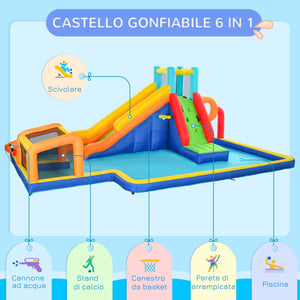 Castello Gonfiabile per Bambini 590x460x220 cm con Scivolo Porta e Canestro in Tessuto Oxford