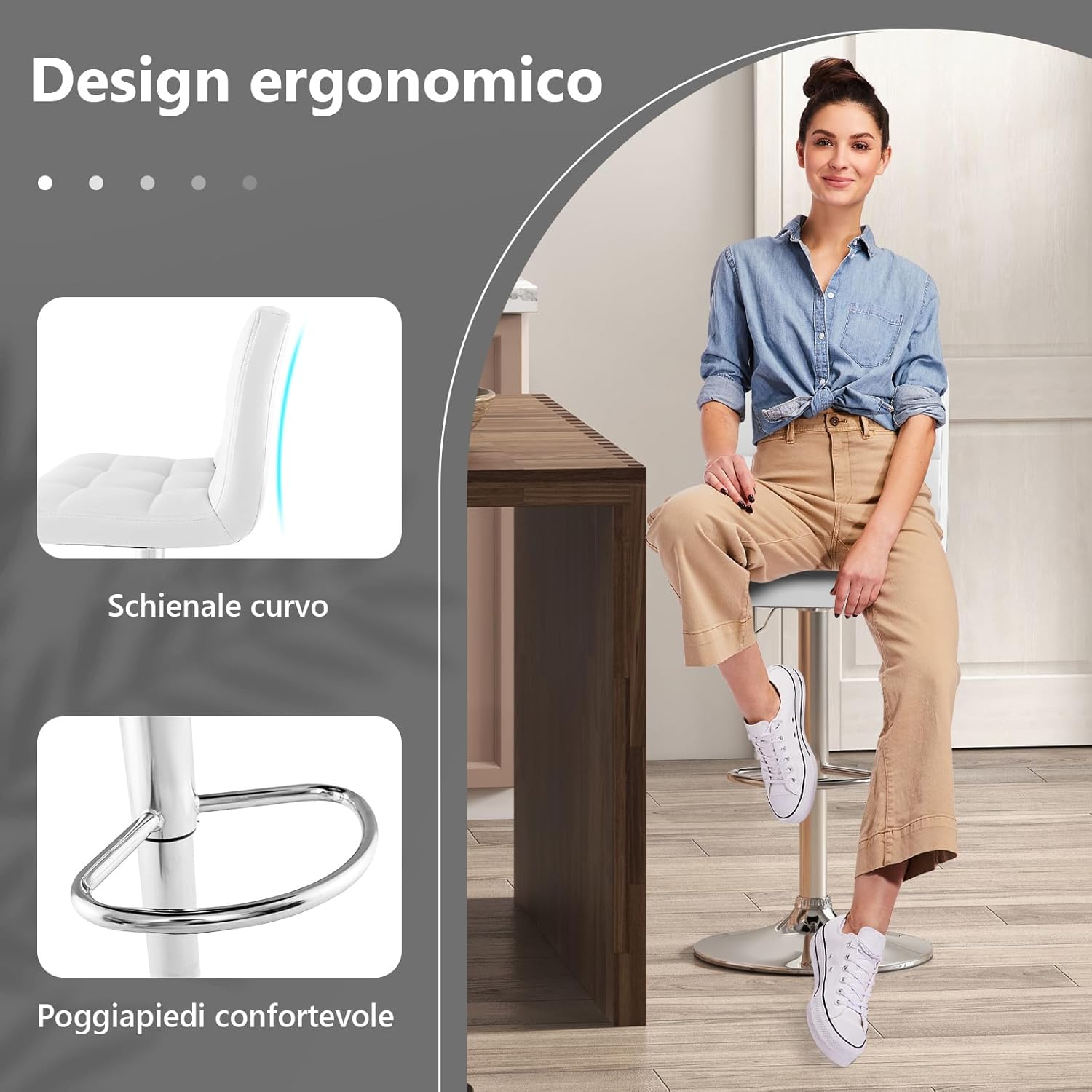 Set Sedie da Bar in Ecopelle con Altezza Regolabile, Seduta Girevole a 360°, Poggiapiedi e Base Metallica Antiscivolo, Sgabelli da Pranzo per Isola Cucina Bar, Portata 150 kg (Bianco,1)