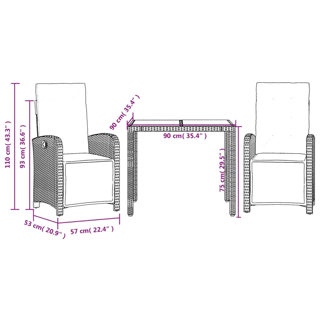 Set da Bistrò 3 pz con Cuscini Nero in Polyrattan 3212456