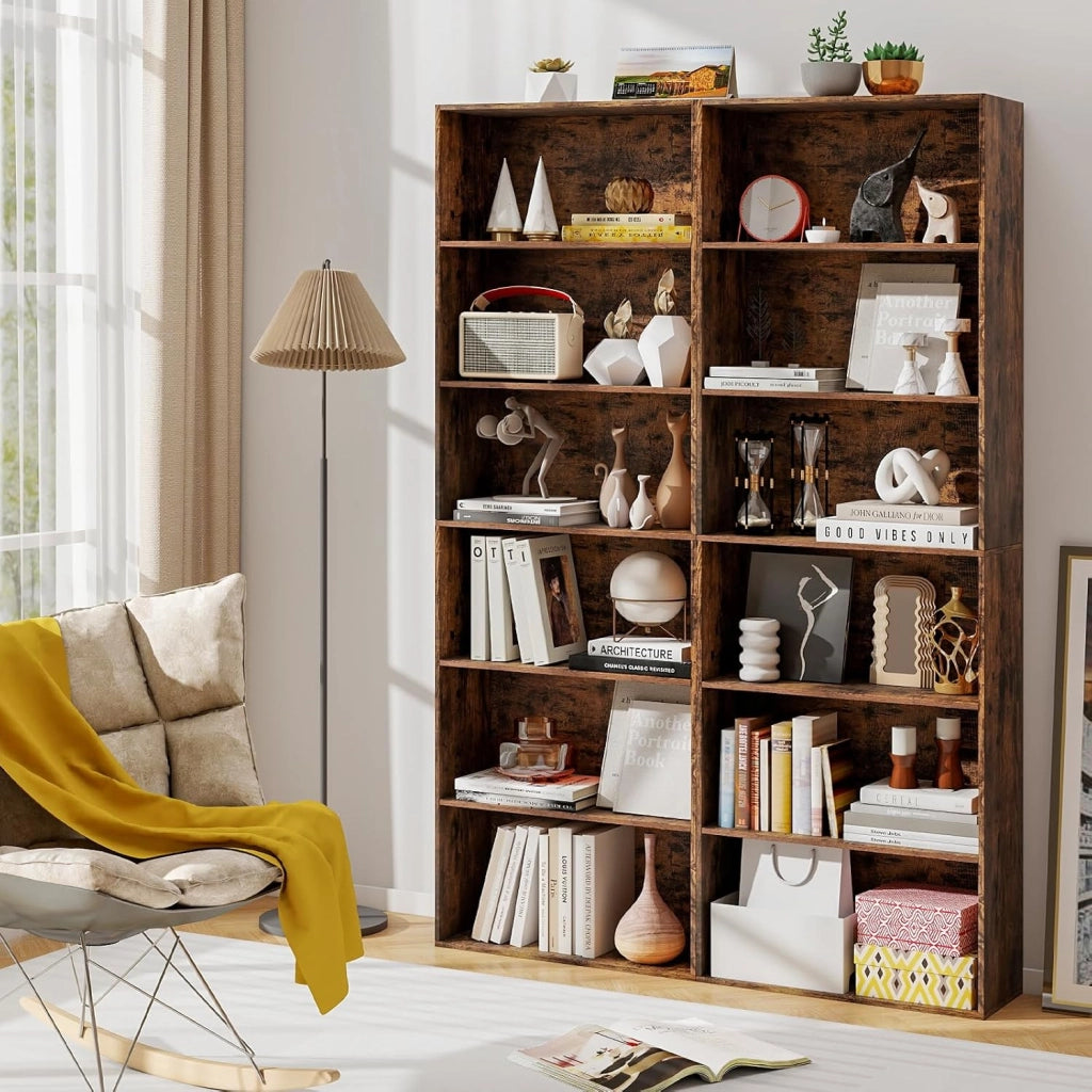 Libreria a 6 Ripiani, Organizzatore per Libri da Terra con 2 Kit Antiribaltamento, Scaffale Moderno per Esposizione per Soggiorno Camera Studio, 60 x 23,5 x 178 cm (Marrone)