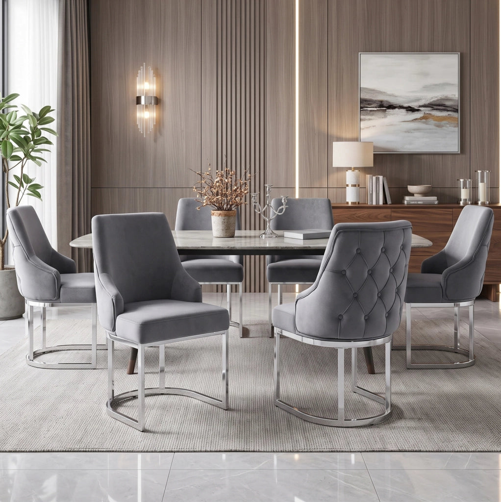 Set di 2 sedie da pranzo in velluto grigio con gambe in metallo argentato