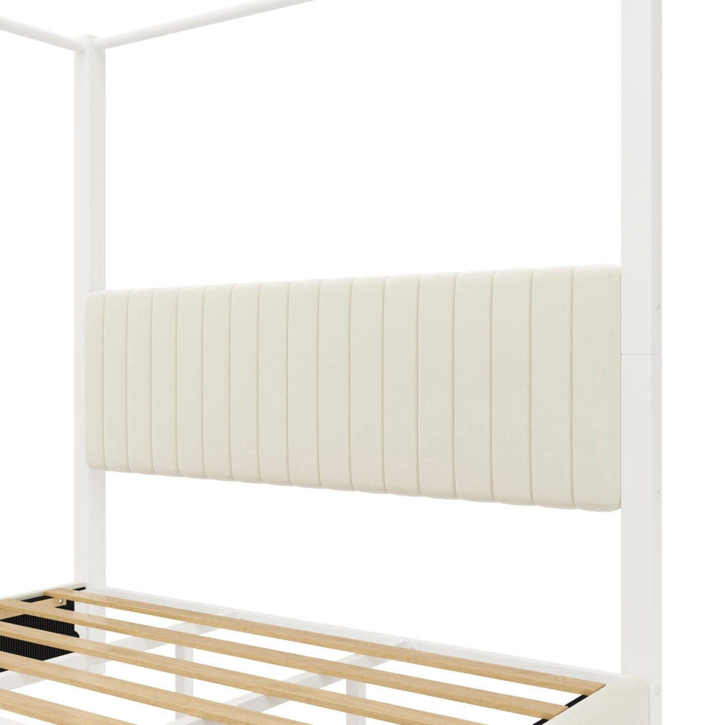 Letto a baldacchino 180x200 cm con testiera imbottita in velluto MDF metallo beige e bianco