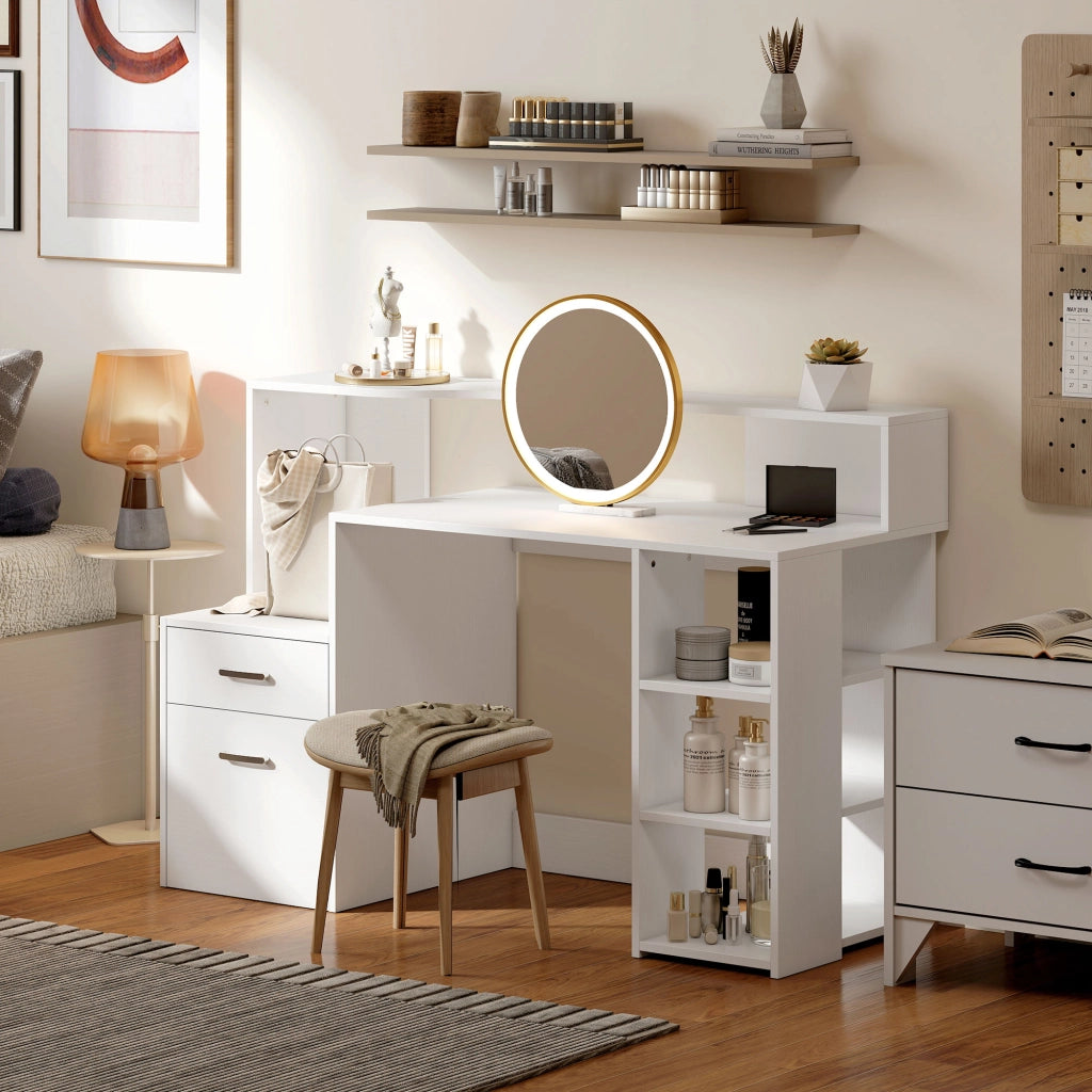 Scrivania per Computer con 2 Cassetti e Ripiano per Stampante, Bianco, 137x55x92cm, per Casa e Ufficio