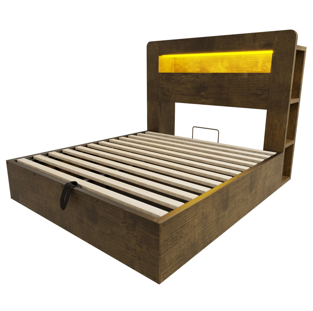 Letto 140x200 cm con contenitore idraulico, LED e prese in legno