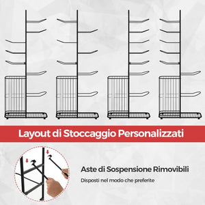 Scaffale Portapalle a 7 Livelli, Porta Pallacanestro in Metallo con 7 Asticelle Rimovibili e Cestino Laterale per Palline, Organizzatore Attrezzature Sportive con Piedini Regolabili