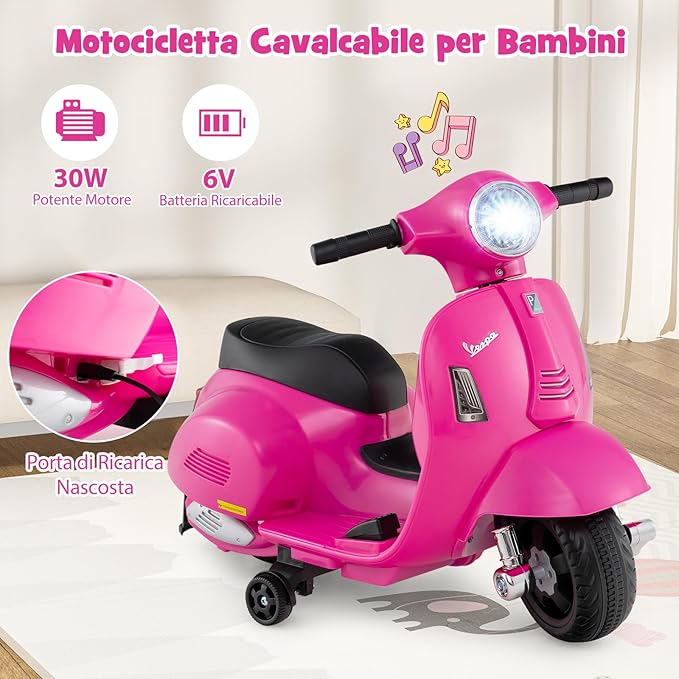 Moto Elettrica per Bambini, 6V Mini Moto per Bambini 18-36 Mesi, con Licenza Ufficiale Vespa, con Luci a LED e Suoni di Clacson, Portata 25 kg, 2 Ruote di Allenamento, 2,5 km/h (Rosa)