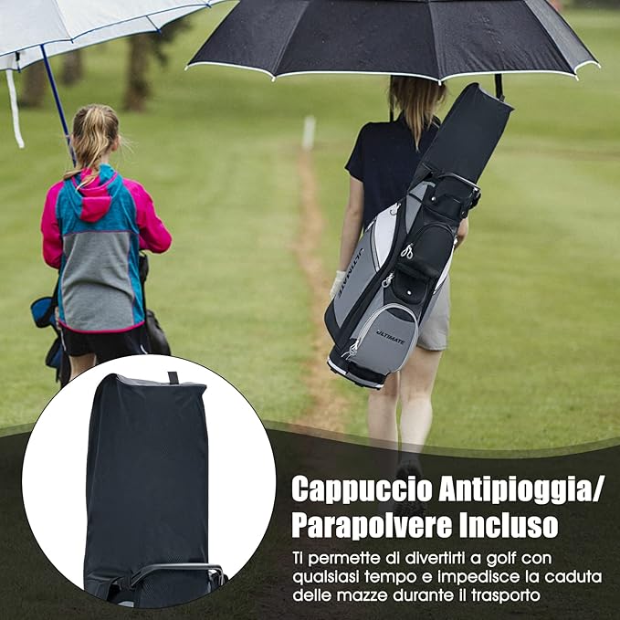 Borsa da Golf con 14 Divisori, Sacca per Mazze da Golf con Borsa Termica, Cappuccio Impermeabile, Maniglie e Tracolla, Ideale per Uomini e Donne, Nero e Grigio