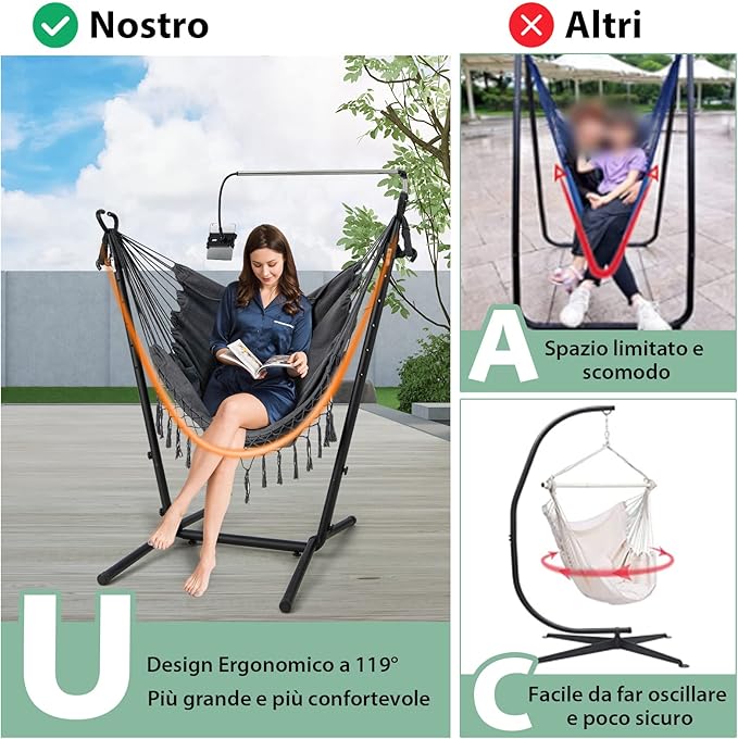 Sedia Amaca Sospesa con Supporto, Sedia Appesa Regolabile in Altezza con Supporto Porta Cellulare Cuscino e Tasca Laterale, Carico Massimo 250 kg