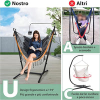 Sedia Amaca Sospesa con Supporto, Sedia Appesa Regolabile in Altezza con Supporto Porta Cellulare Cuscino e Tasca Laterale, Carico Massimo 250 kg