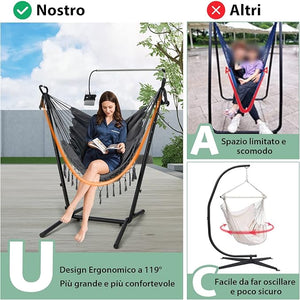 Sedia Amaca Sospesa con Supporto, Sedia Appesa Regolabile in Altezza con Supporto Porta Cellulare Cuscino e Tasca Laterale, Carico Massimo 250 kg