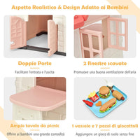 Casetta per Bambini con Porte e Finestre, Casetta Giocattolo con Tavolo, Set Giocattolo con 7 Pezzi, Ideale per Bambini 3-8 Anni, 164x124x132 cm (Rosa)
