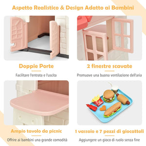 Casetta per Bambini con Porte e Finestre, Casetta Giocattolo con Tavolo, Set Giocattolo con 7 Pezzi, Ideale per Bambini 3-8 Anni, 164x124x132 cm (Rosa)