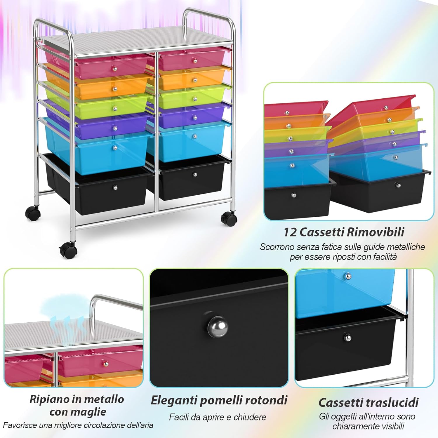 Carrello con 12 Cassetti con Ruote, Ideale per Ufficio e Domestico, 73,5 x 37 x 63 cm (Colorato trasparente)