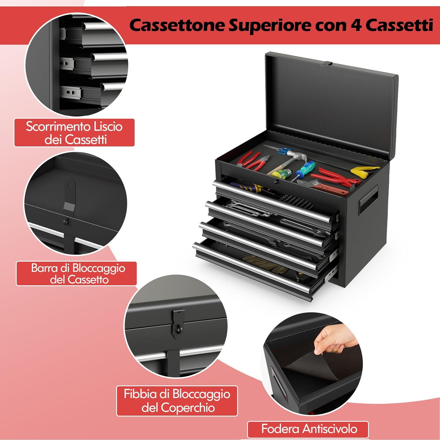 Cassettiera Portautensili a 4 Cassetti, Carrello per Attrezzi con Ruote Bloccabili Ripiano Regolabile e Rivestimento Antiscivolo, 59 x 28 x 102 cm (Nero)