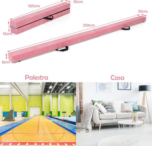 Trave Ginnastica Artistica per Casa 210/240 cm, Trave Pieghevole per Bambini con Maniglia, Base in Legno e Fondo Antiscivolo, Trave di Equilibrio da Pavimento